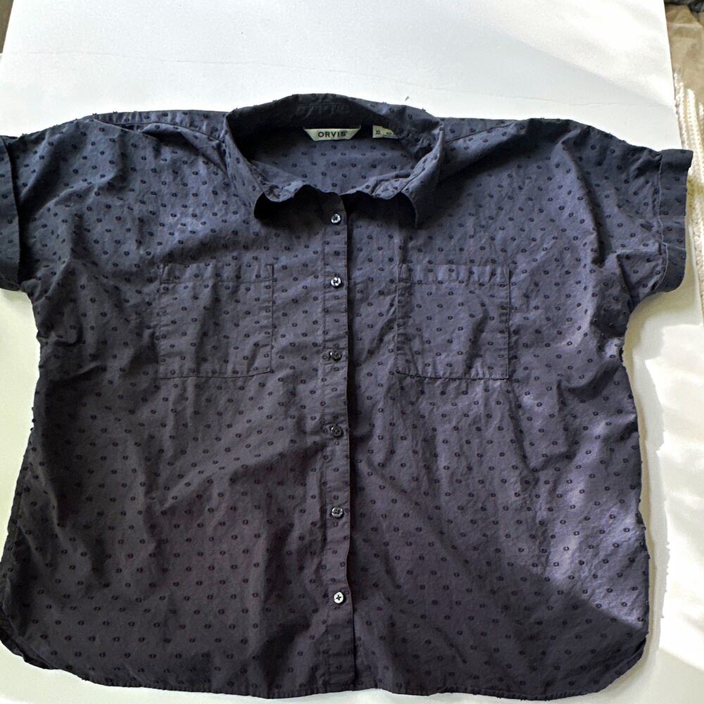 Orvis Women’s XL Gray Polka Dot Short Sleeve Button-Up Cotton Collared Shirt